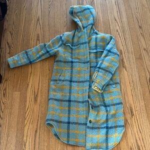 Plaid Hooded Coat in Blue and Yellow